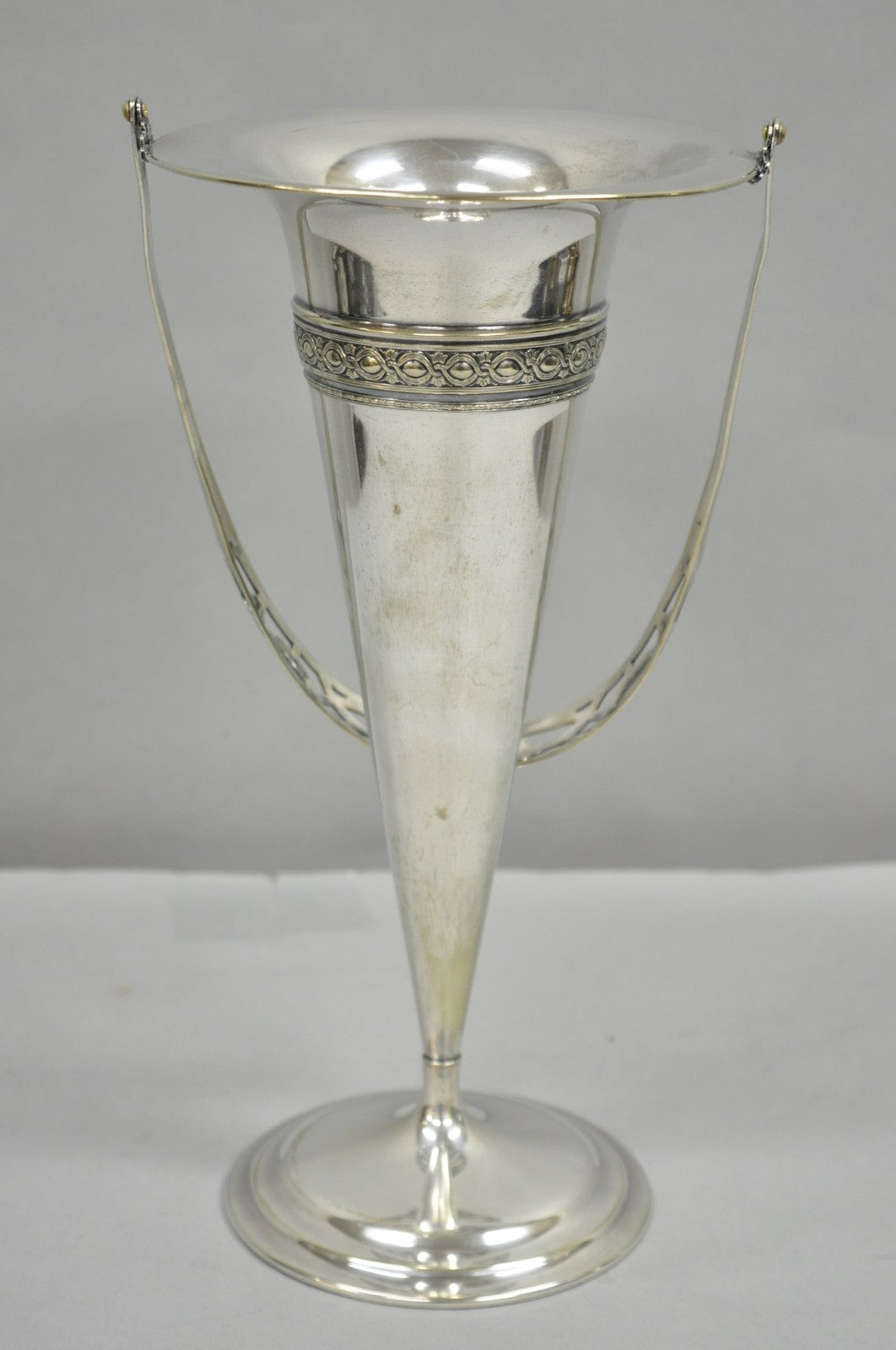Vintage Victorian Silver Plated Trumpet Flower Vase with Reticulated Handle