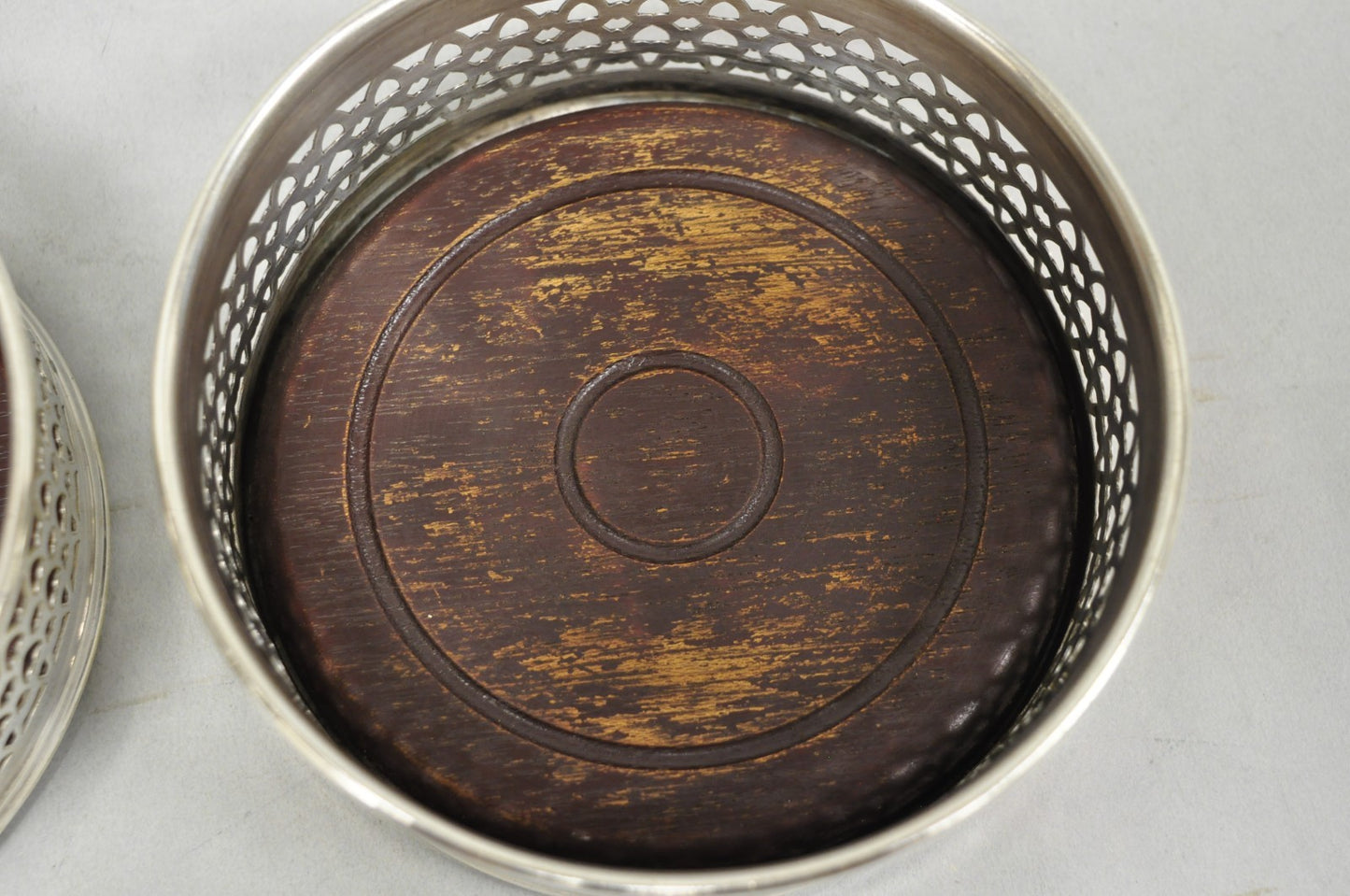 Vintage English Victorian Wood & Silver Plated Bar Wine Bottle Coaster - a Pair