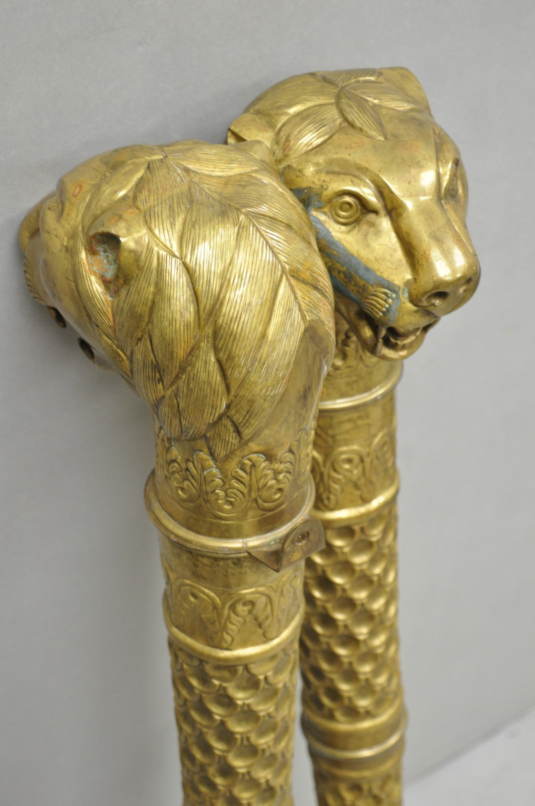 Vintage Italian Regency Neoclassical Large Brass Lion Sconce Door Handles Pair