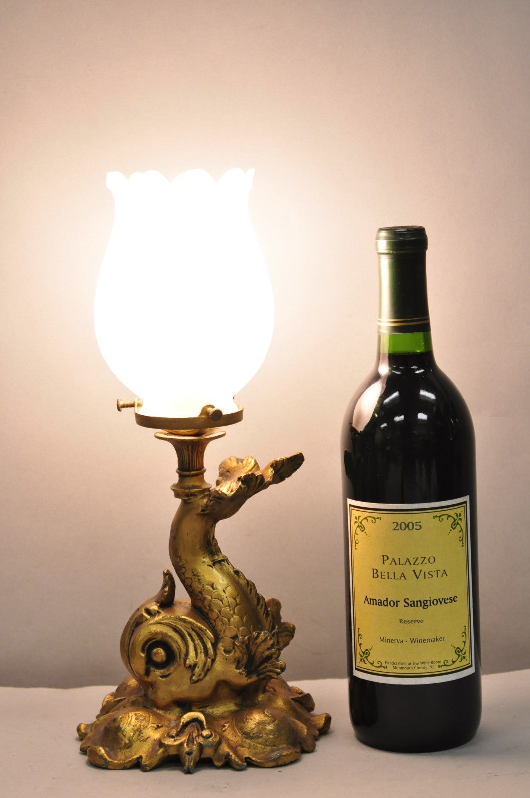 Antique French Art Nouveau Small Gold Gilt Metal Figural Dolphin Table Lamp