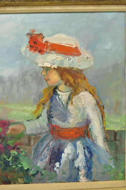 Zaza Meuli (b. 1892) Oil on Canvas Impressionist Painting Girl in Hat Orange Bow
