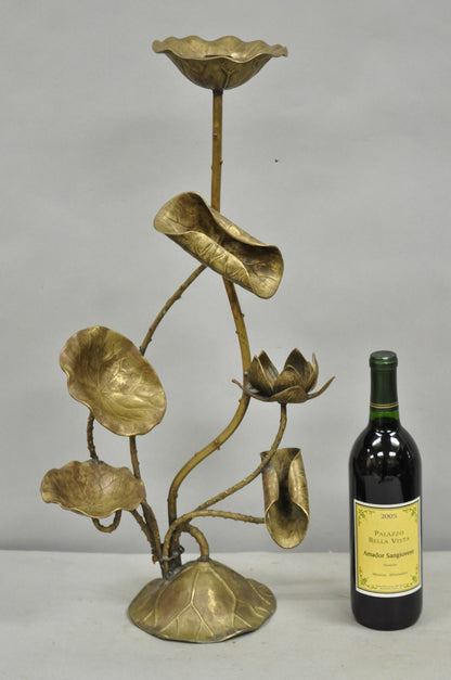 Vintage Hollywood Regency Brass Lotus Leaf Lily Pad Single Candlestick Holder