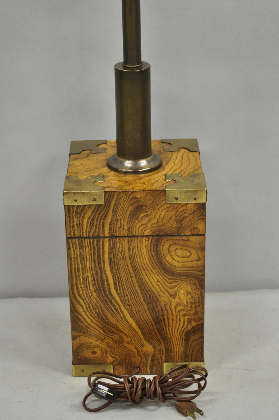 Vintage Campaign Style Burl Wood & Brass Faux Tea Box Table Lamp by Knob Creek
