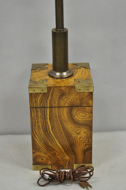 Vintage Campaign Style Burl Wood & Brass Faux Tea Box Table Lamp by Knob Creek