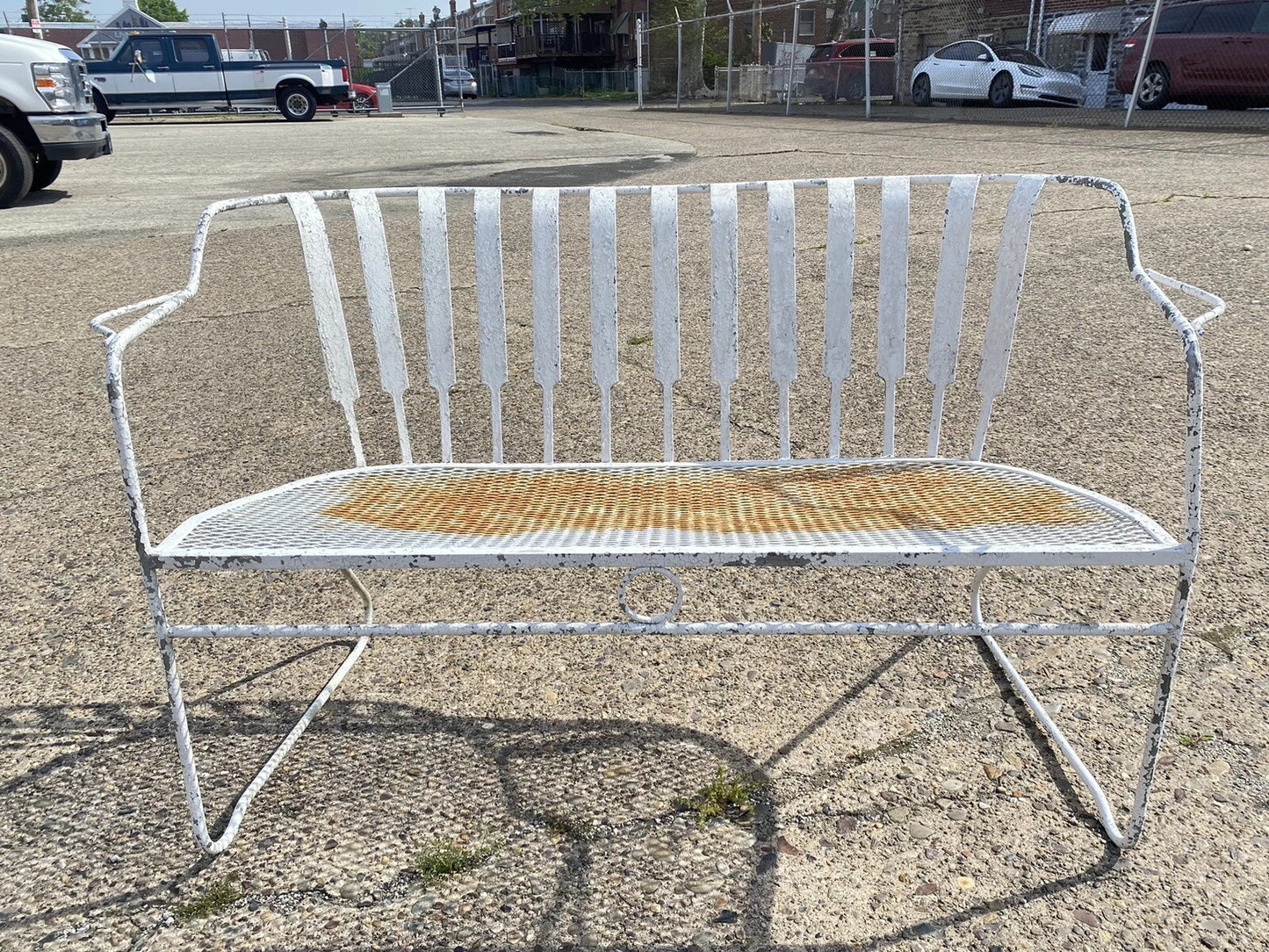 Vintage Mid Century Modern Wrought Iron Sculptural Garden Patio Loveseat Sofa