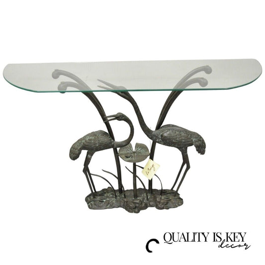 Labarge Bronze Crane Bird Lily Pad Glass Top Console Sofa Hall Table