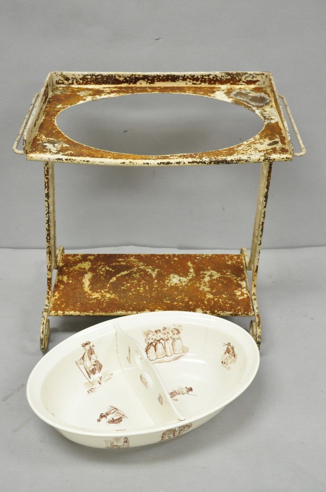 Antique French Victorian Child's Wrought Iron Wash Stand w/ K&G Luneville Basin