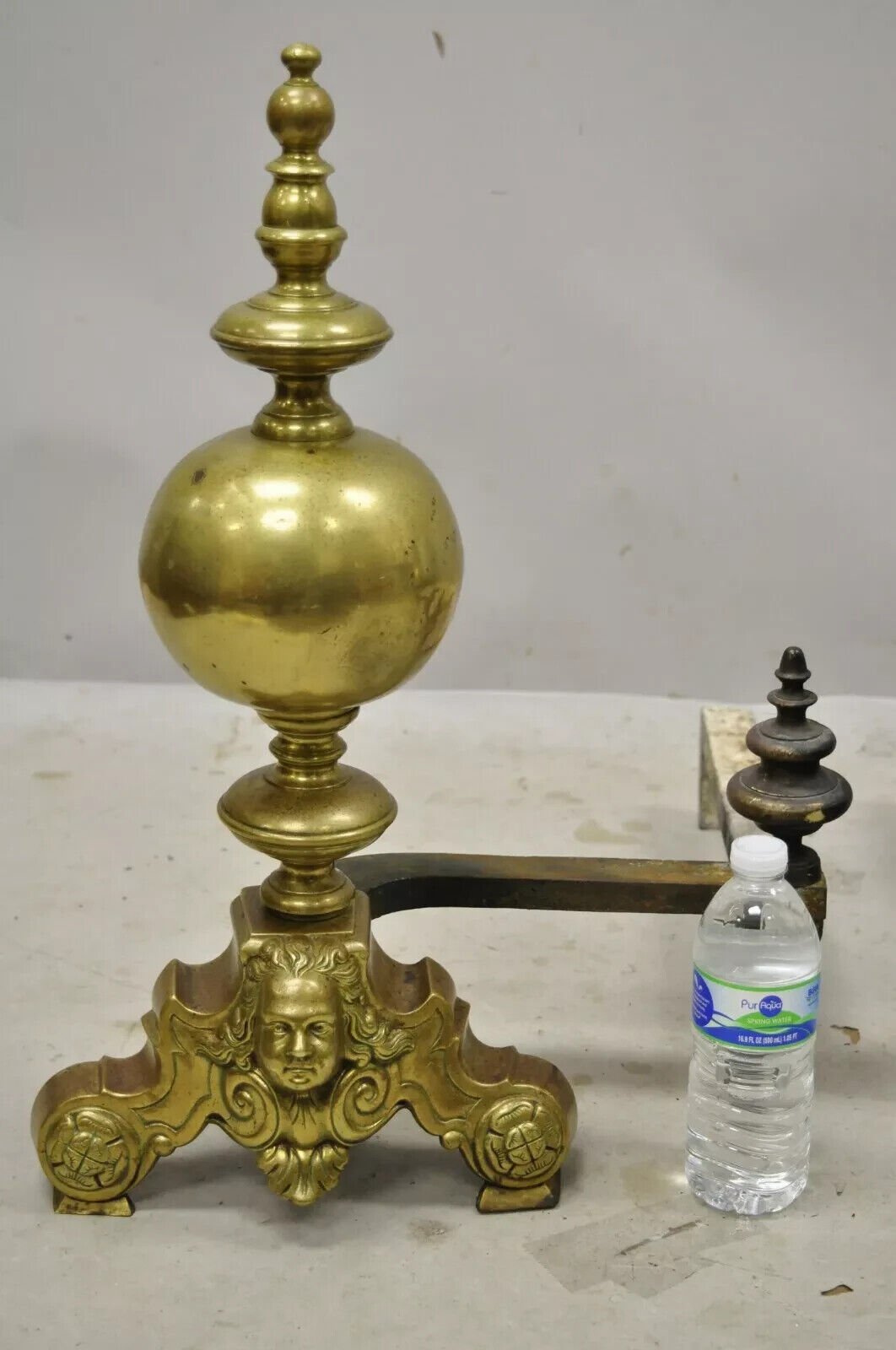 Vintage Beethoven Face French Rococo Brass Cannonball Fireplace Andirons - Pair