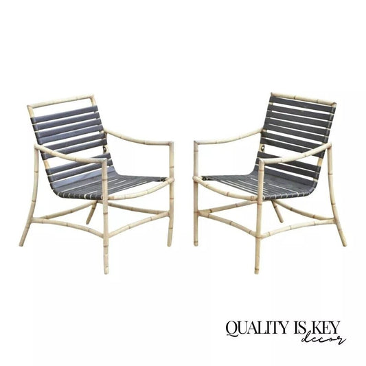 Faux Bamboo Chinese Chippendale Aluminum Vinyl Strap Pool Arm Chairs - a Pair