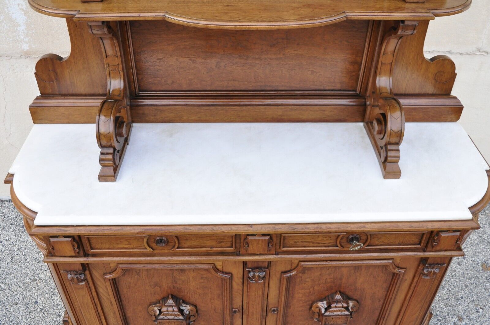 Victorian Carved Walnut Marble Top Custom Sideboard Buffet Cabinet w/ Backsplash