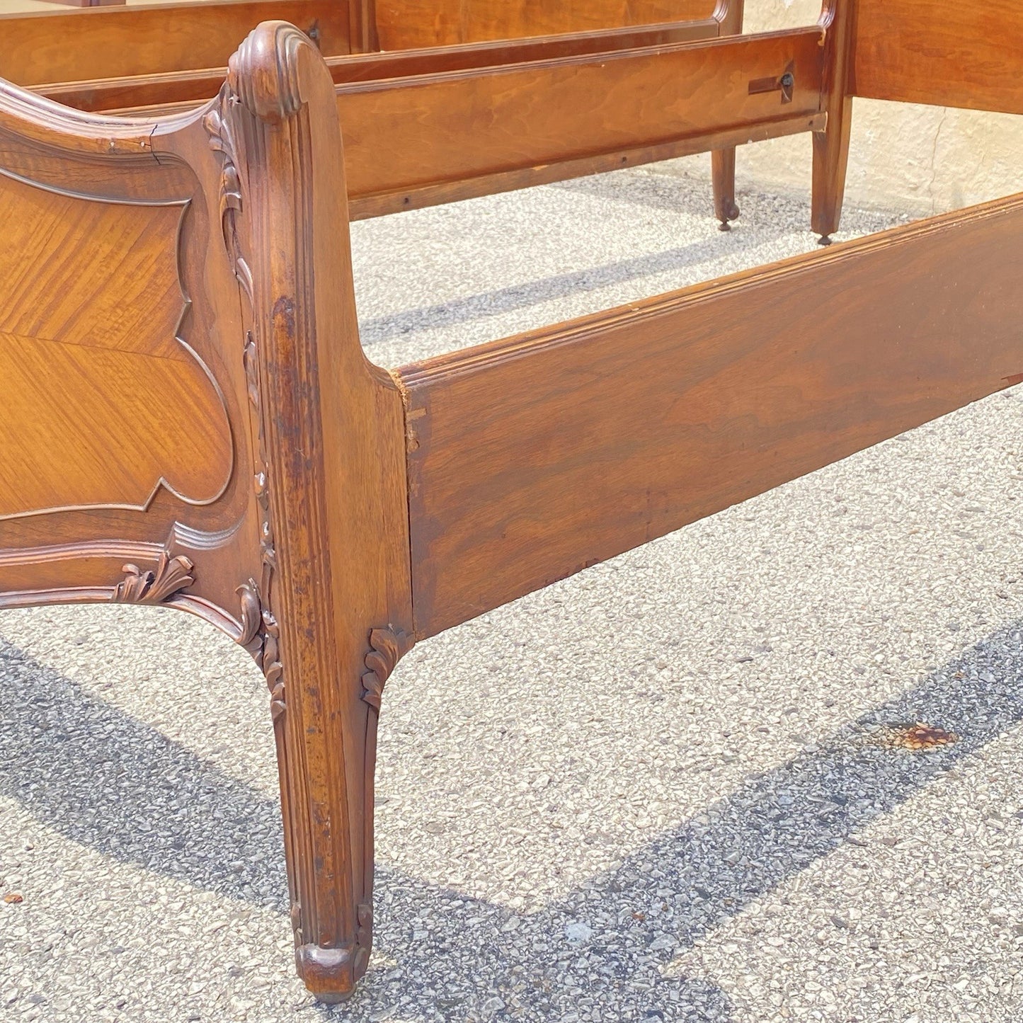Antique French Louis XV Style Walnut Satinwood Inlay Twin Bed Frames - a Pair