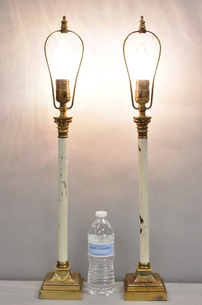 French Empire Neoclassical Small Thin Brass Candlestick Column Table Lamp a Pair