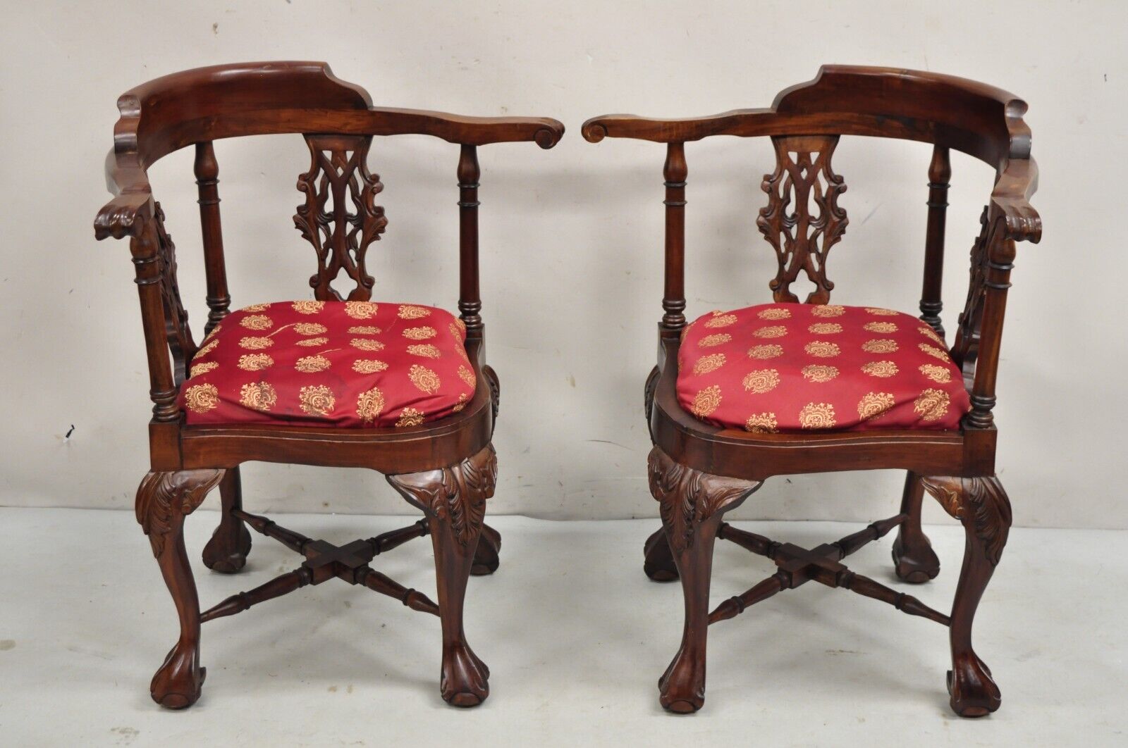 Chippendale Style Carved Mahogany Ball and Claw Corner Accent Chair - a Pair