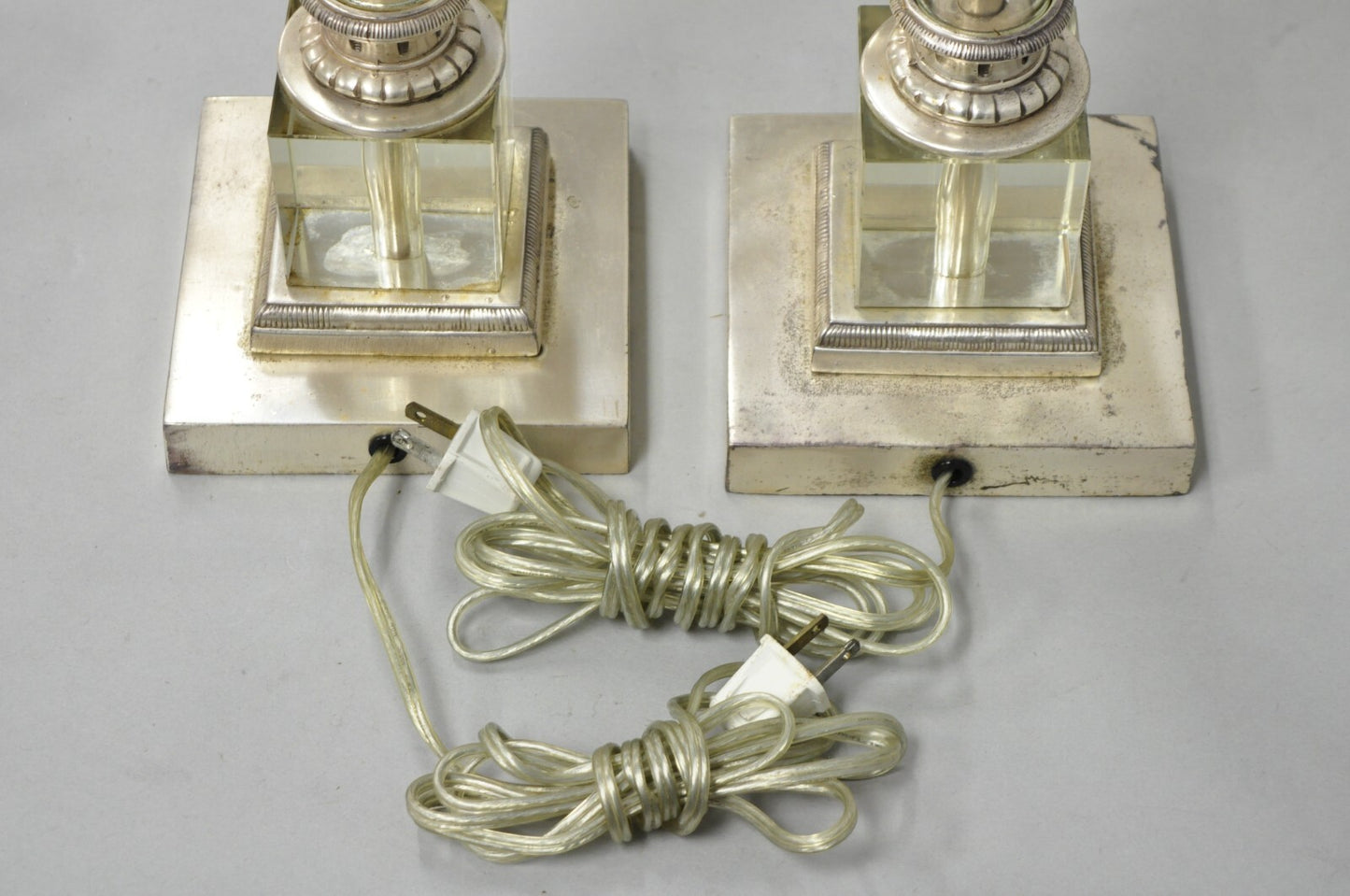 Antique French Empire Nickel Silver Glass Corinthian Column Table Lamps - a Pair