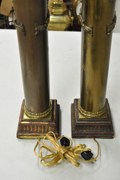 Antique French Empire Neoclassical Bronze Cylinder Tall Table Lamps - a Pair