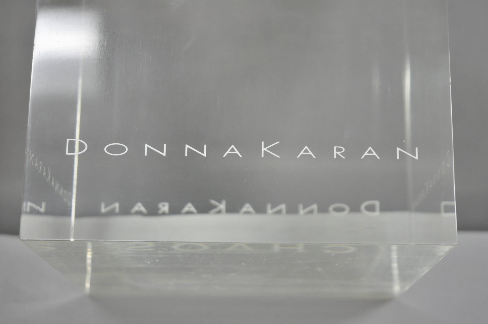 Donna Karan "Chaos" Heavy Acrylic Lucite Cube Perfume Retail Pedestal Display