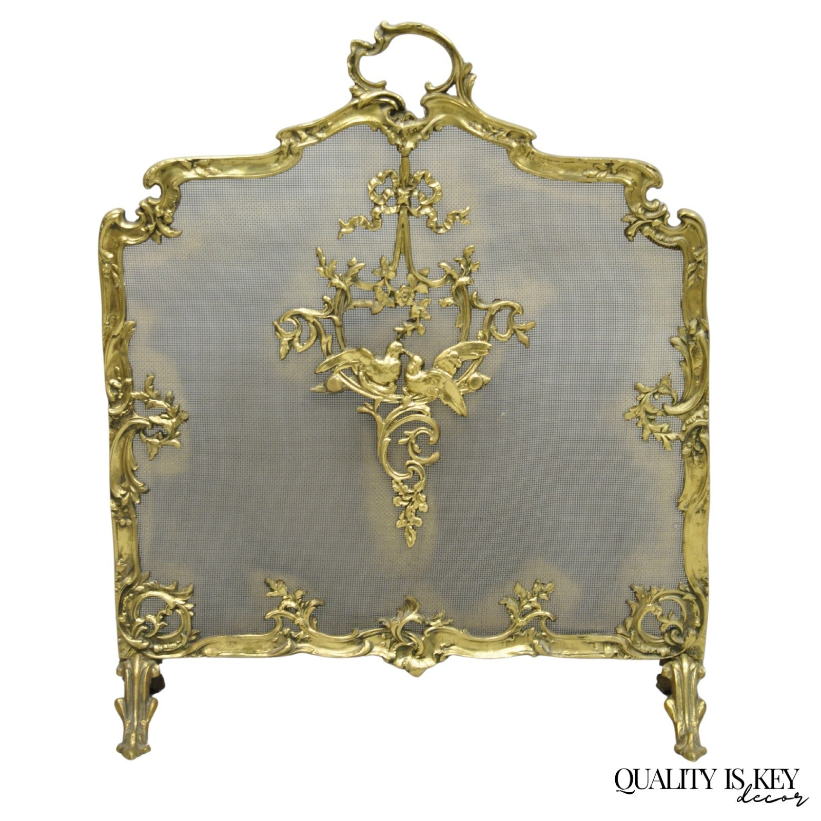 Antique French Rococo Louis XV Bronze Fireplace Firescreen Fire Screen w/ Birds