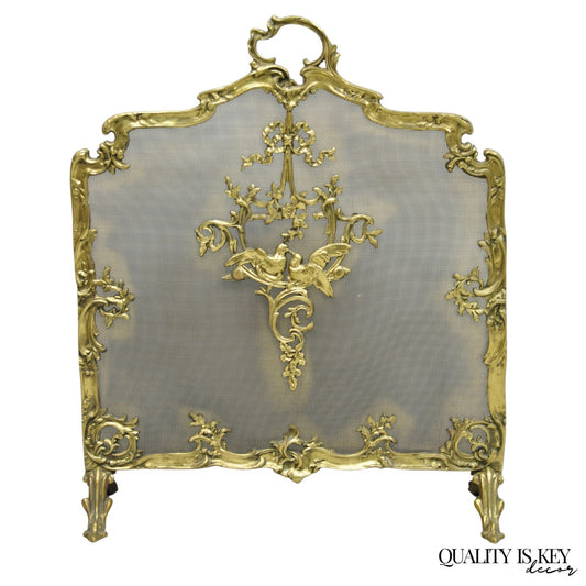 Antique French Rococo Louis XV Bronze Fireplace Firescreen Fire Screen w/ Birds