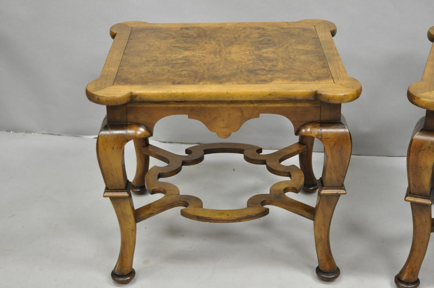 Vintage Baker Regency Style Burlwood Walnut Low Side End Tables - a Pair