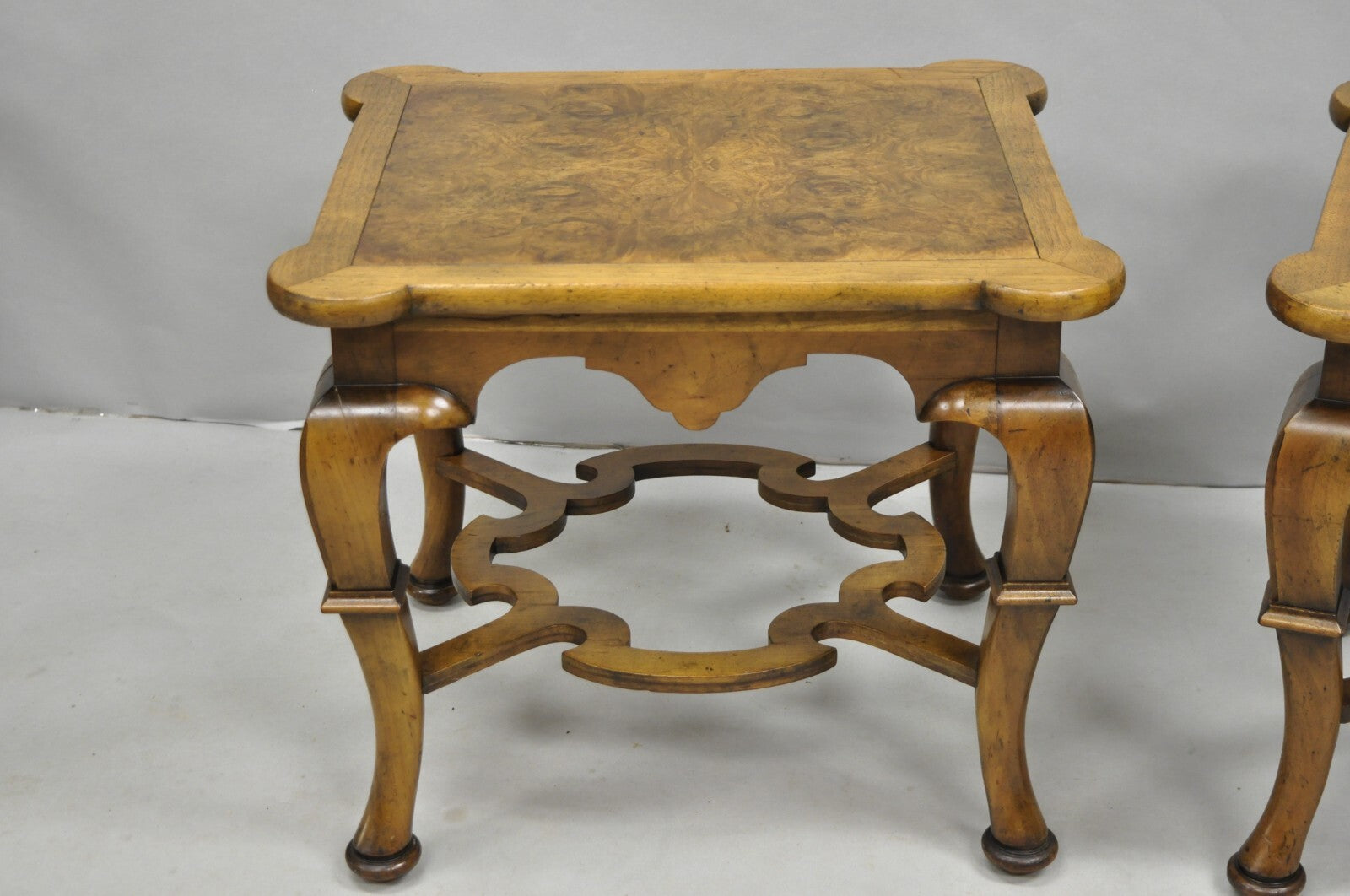 Vintage Baker Regency Style Burlwood Walnut Low Side End Tables - a Pair