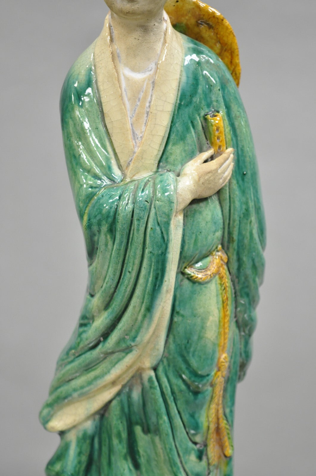 Antique Chinese Green Sancai Glazed Pottery 21" Guanyin Sculpture Figure