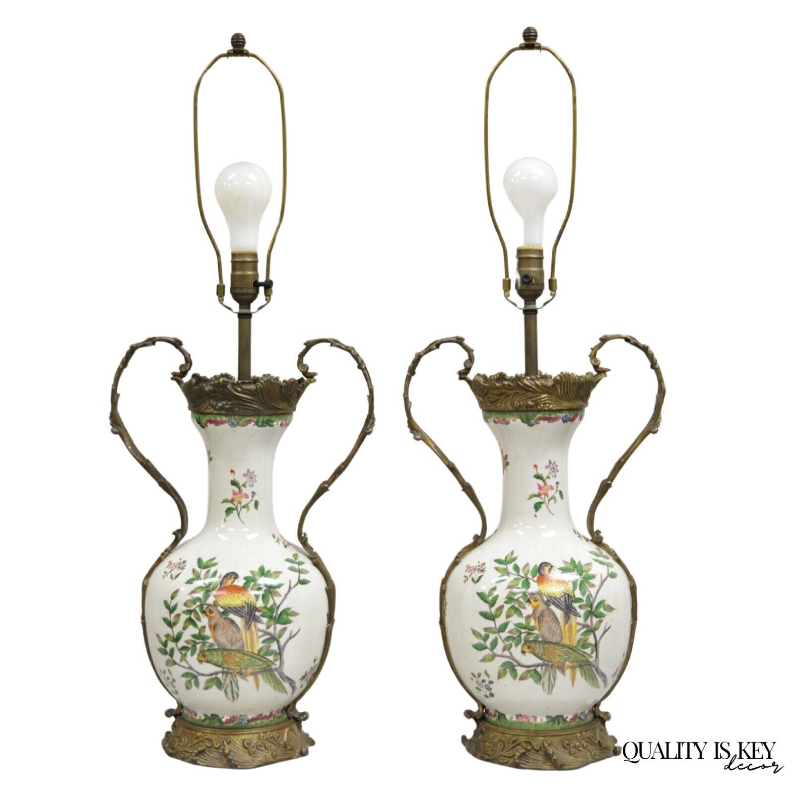 Vintage Chinoiserie Porcelain & Bronze French Louis XV Style Table Lamps - Pair