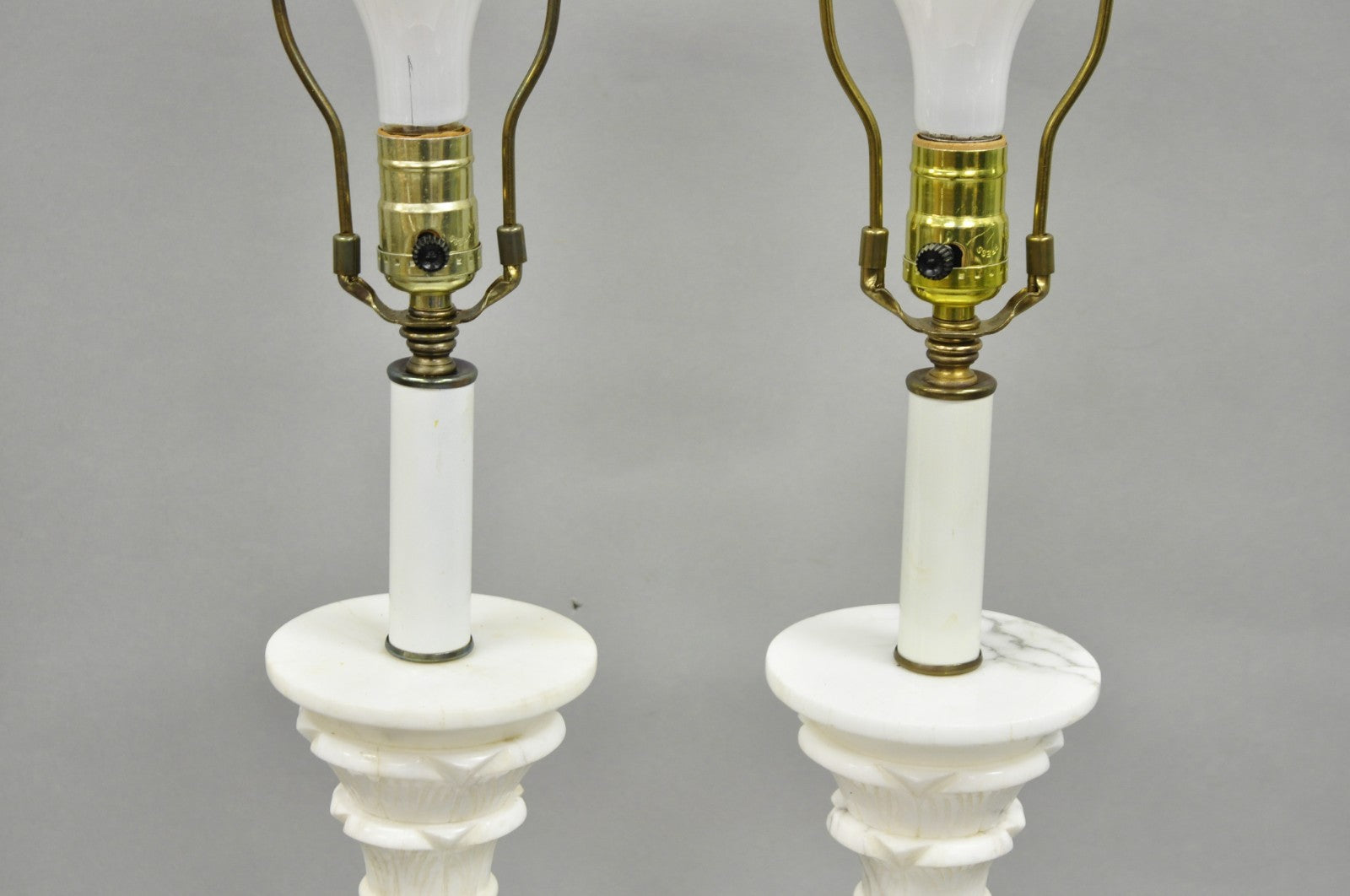 Vintage Italian Neoclassical White Carved Marble Empire Column Table Lamp Pair