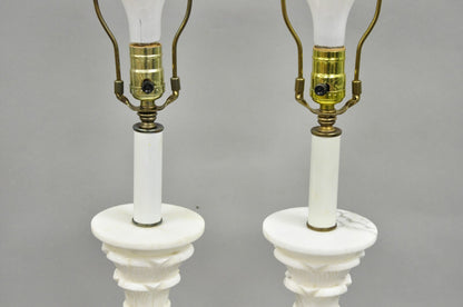 Vintage Italian Neoclassical White Carved Marble Empire Column Table Lamp Pair