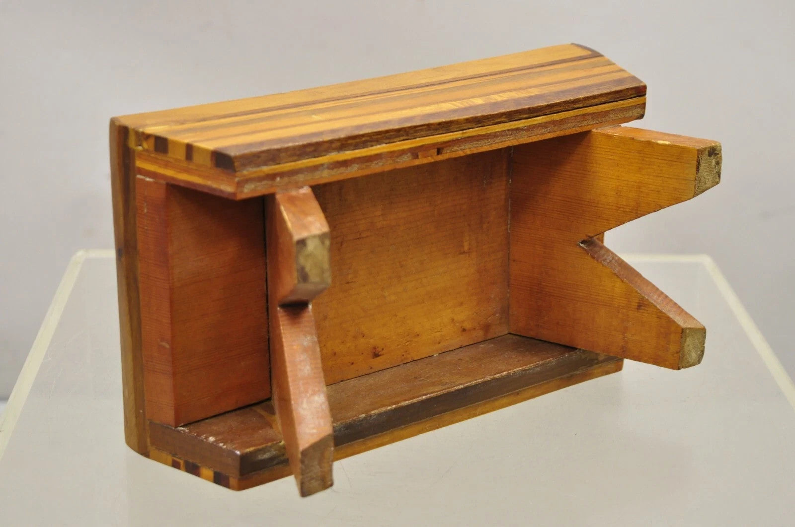 Vintage Folk Art Marquetry Inlay Small Wooden Primitive Footstool Ottoman Stool