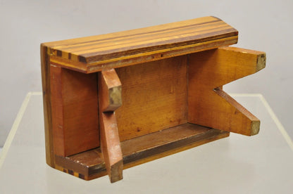 Vintage Folk Art Marquetry Inlay Small Wooden Primitive Footstool Ottoman Stool