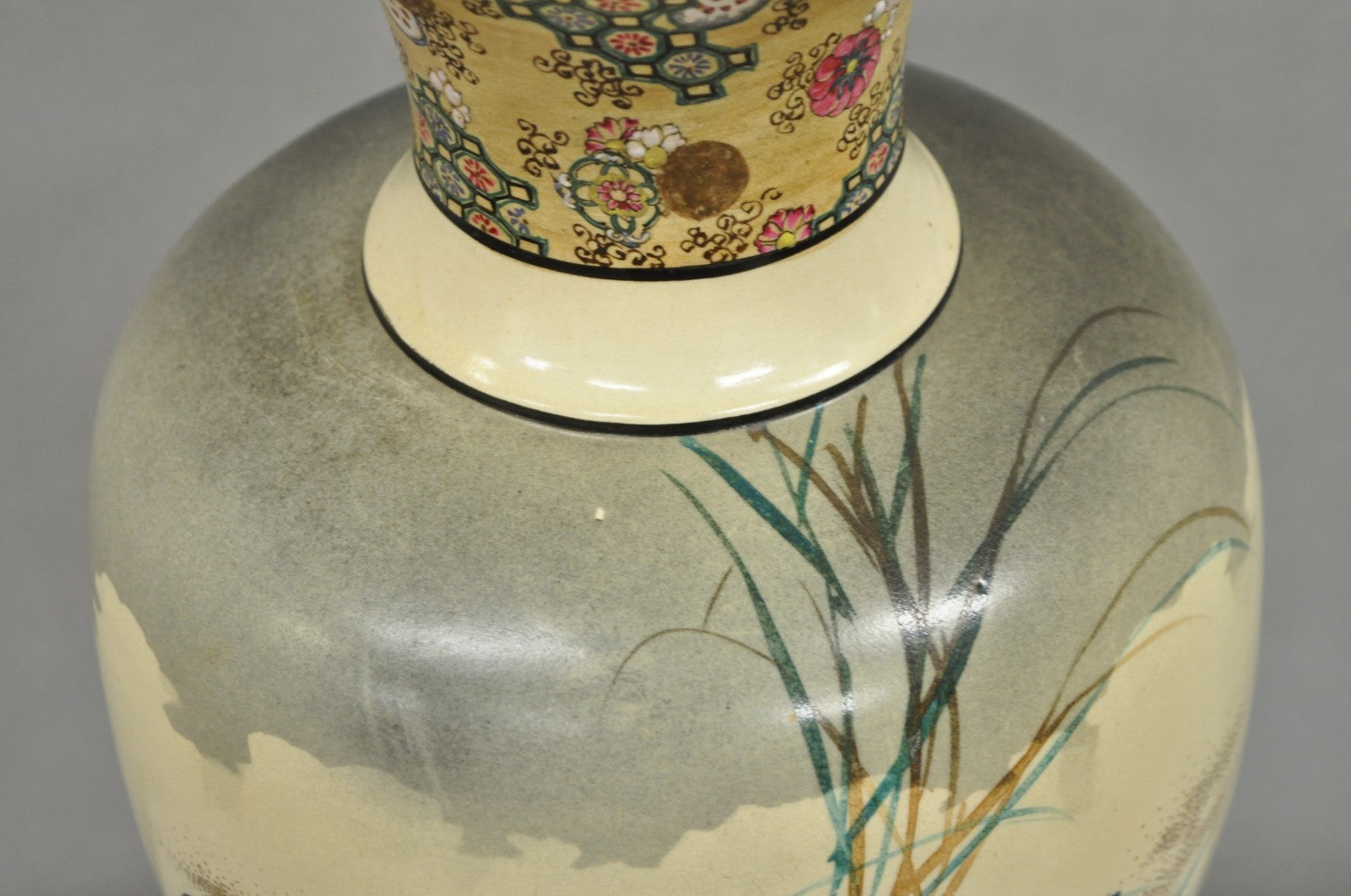 Antique Oriental Oversized Porcelain Satsuma Vase Japanese Table Lamp w/ Geese
