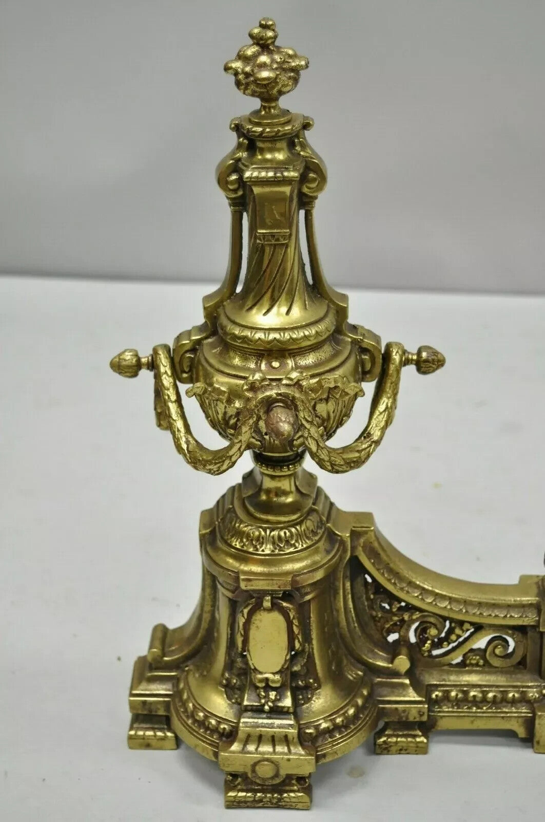 Antique French Louis XVI Brass Bronze Flame Finial Andirons w/ Adjustable Fender