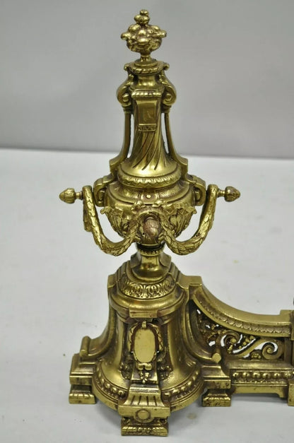 Antique French Louis XVI Brass Bronze Flame Finial Andirons w/ Adjustable Fender