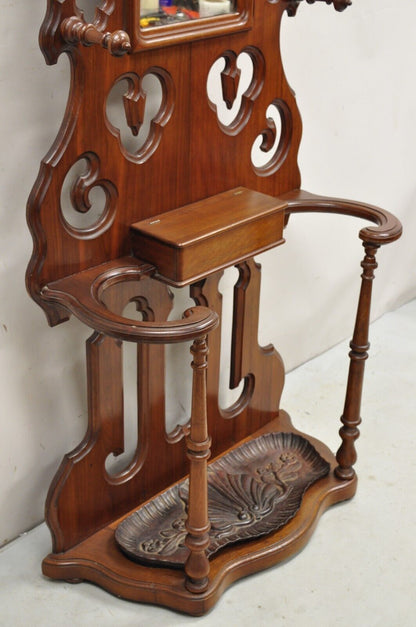 Antique Eastlake Victorian Walnut Coat Hall Tree Umbrella Stand with Mirror
