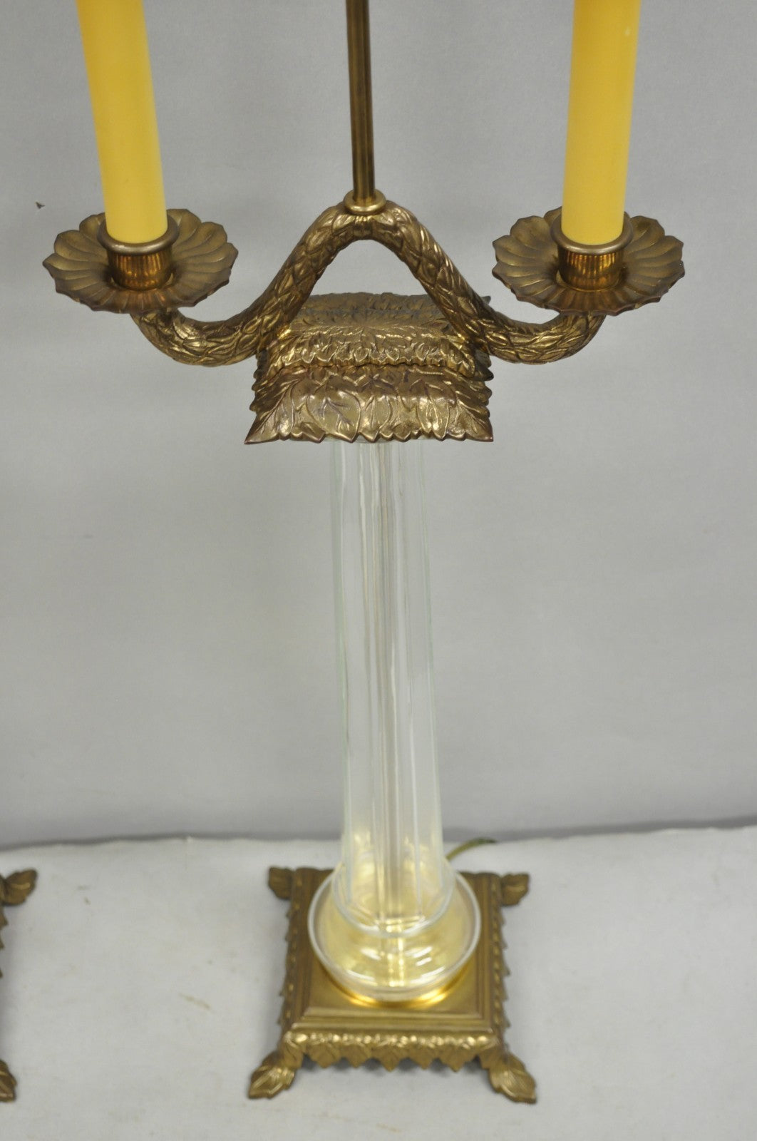 Vintage Chapman French Empire Glass Column Brass Candelabra Table Lamps - a Pair