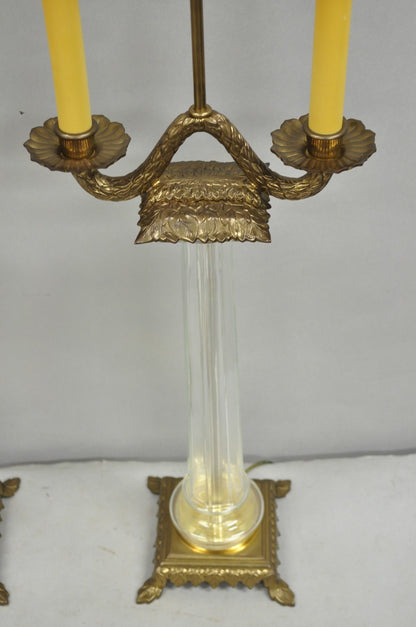 Vintage Chapman French Empire Glass Column Brass Candelabra Table Lamps - a Pair