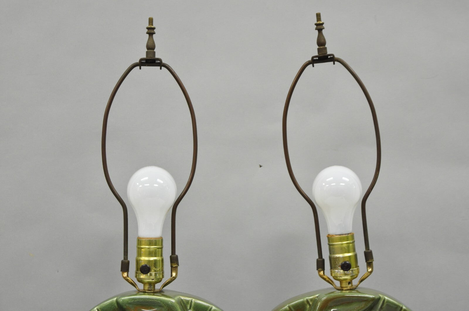 Vintage Mid Century Modern Green Glazed Ceramic Horse Head Table Lamps - a Pair