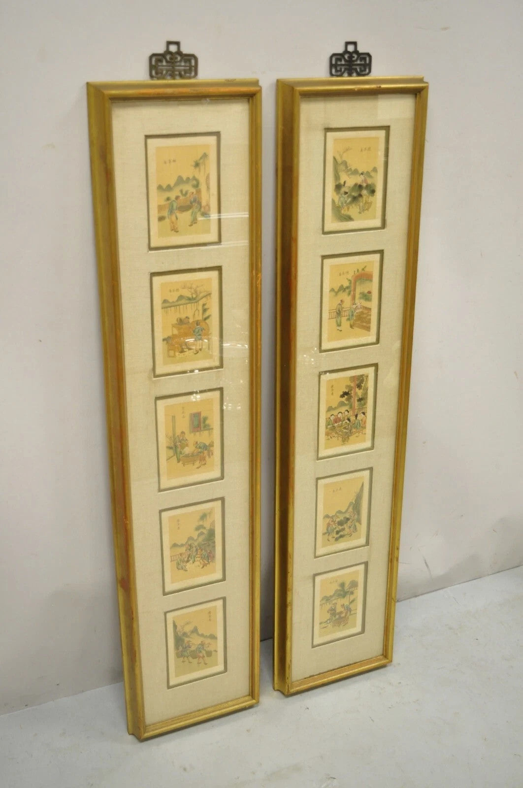 Vintage Asian Oriental Framed Art Prints with Narrow Gold Frames - a Pair