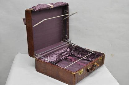 Vintage Art Deco Brown Leather Faux Crocodile Hard Case Suitcase Luggage