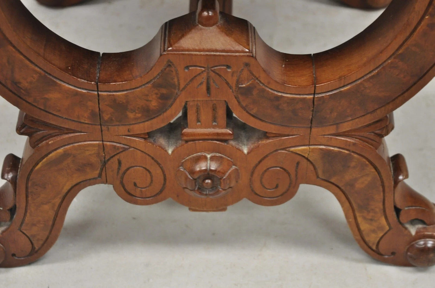 Antique Eastlake Victorian Burl Walnut Carved Curule Footstool Ottoman Stool