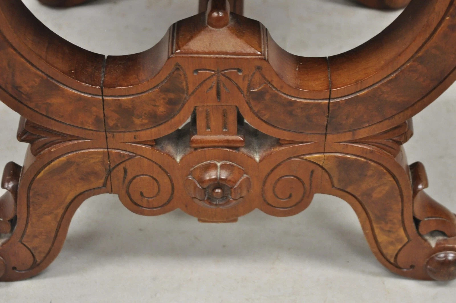 Antique Eastlake Victorian Burl Walnut Carved Curule Footstool Ottoman Stool