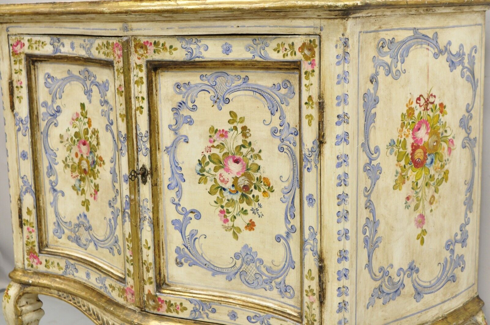 19th C. Italian Venetian Hand Painted Demilune Buffet Cabinet with 3 Drawers