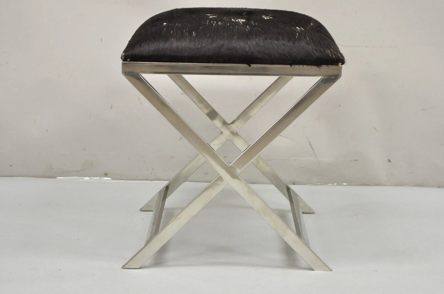 Modern Chrome Frame X-Form Metal Curule Stool with Cowhide Upholstery