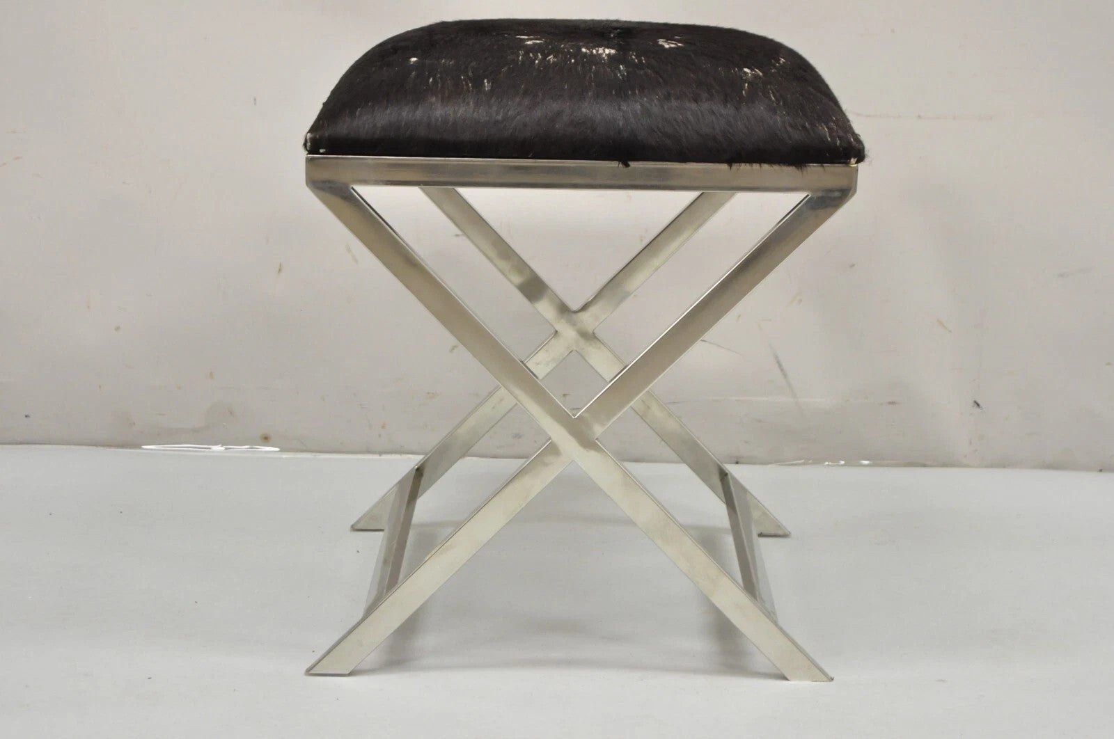 Modern Chrome Frame X-Form Metal Curule Stool with Cowhide Upholstery