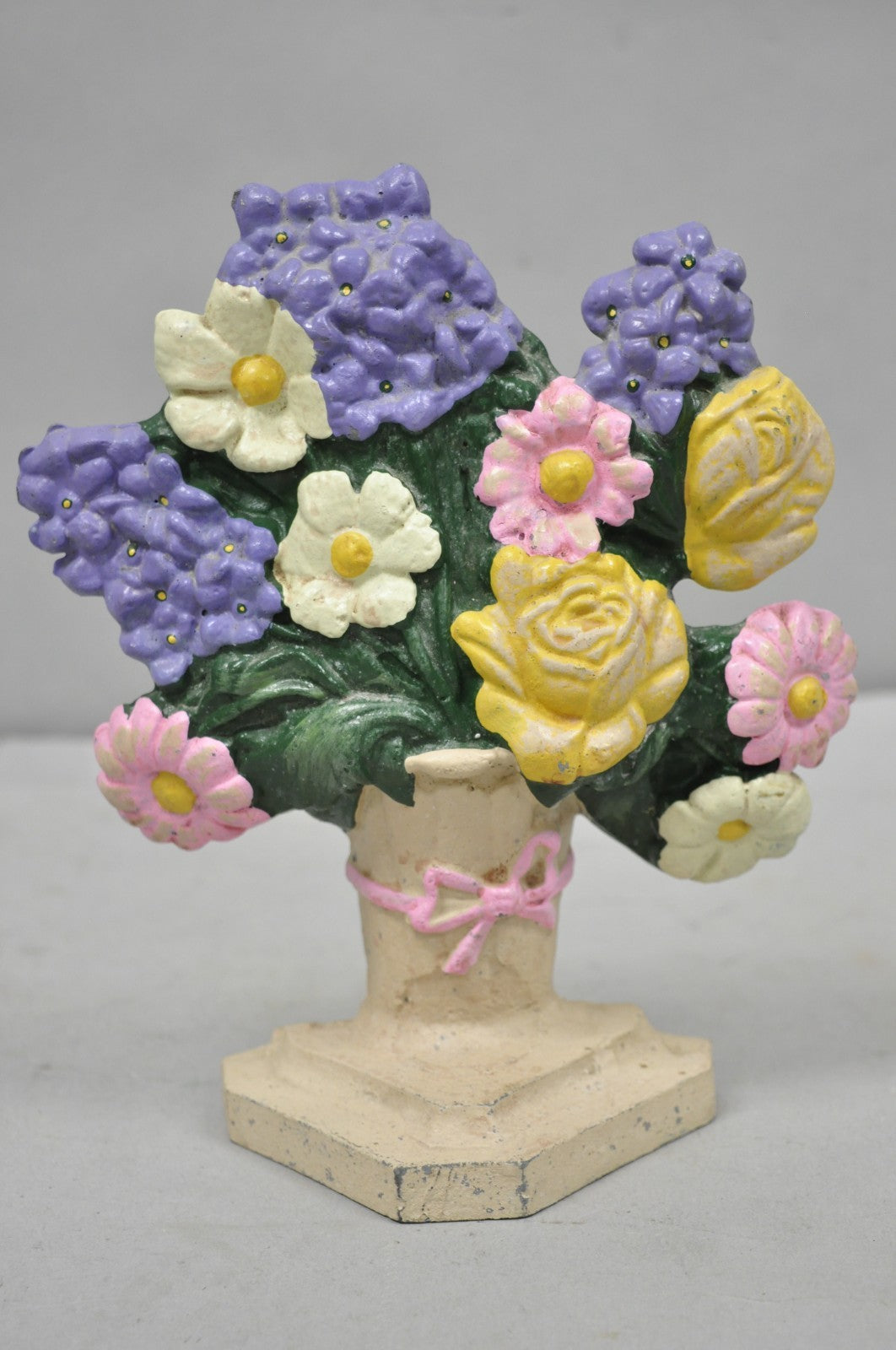 Antique Victorian Cast Iron Figural Floral Bouquet Basket Pink Painted Door Stop