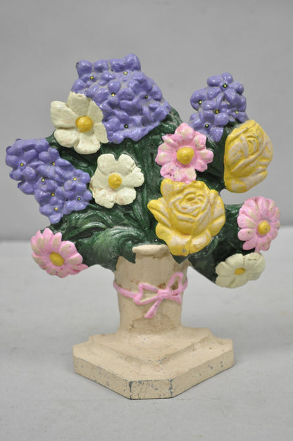 Antique Victorian Cast Iron Figural Floral Bouquet Basket Pink Painted Door Stop