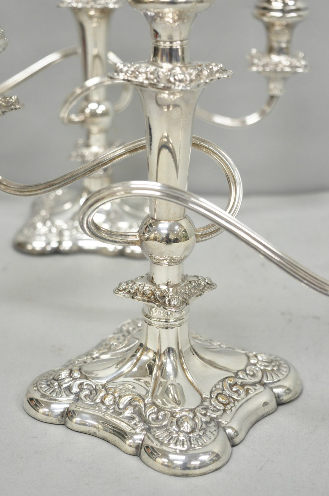 Antique E.G. Webster Victorian Silver Plated Scrolling 3 Arm Candelabra - a Pair