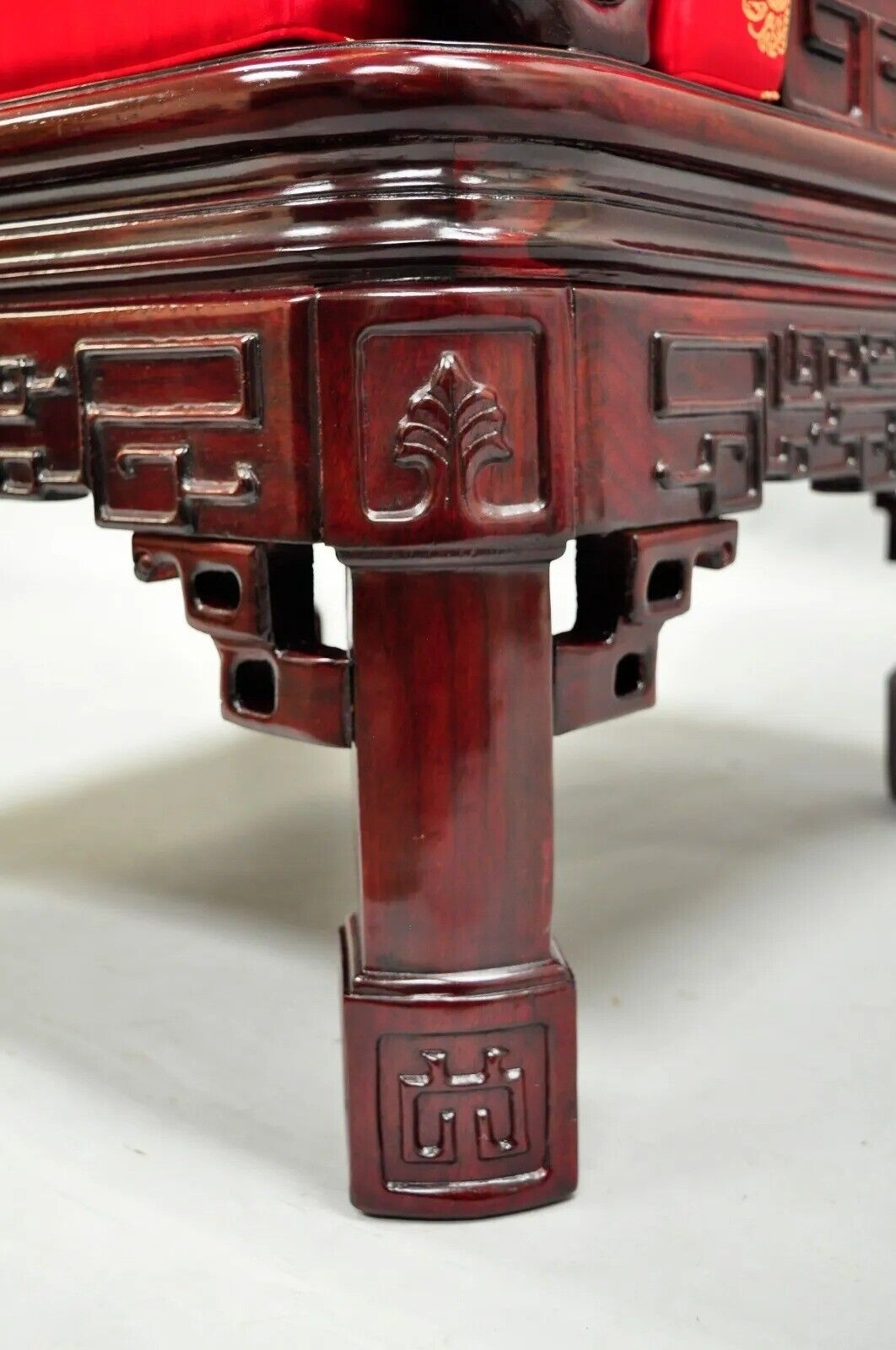 Vintage Oriental Chinese Carved Wood Throne Lounge Chairs w/ Pearl Inlay - Pair