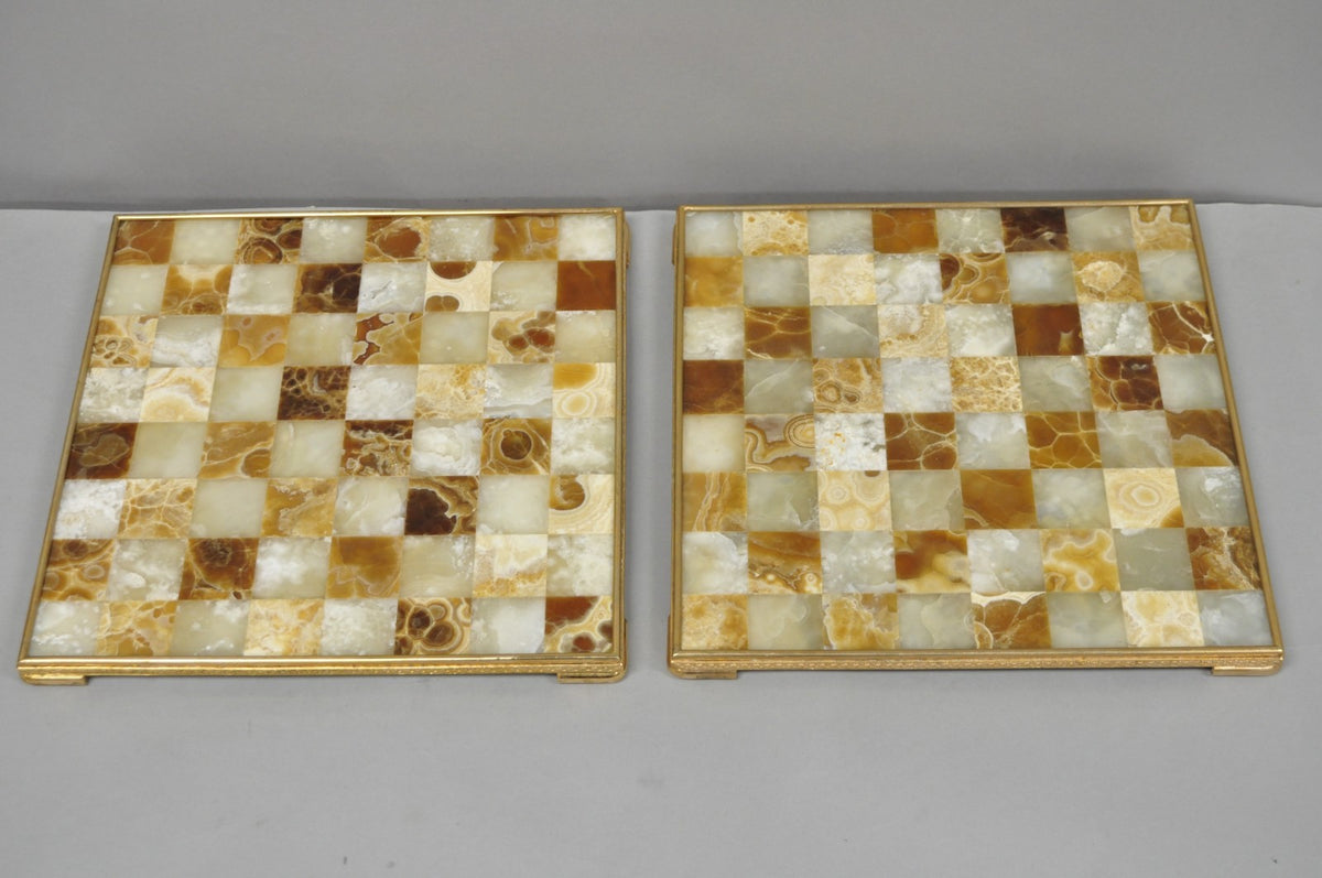 Vintage Mid Century Modern Mosaic Brown Onyx Stone Chess Game Checkerboard