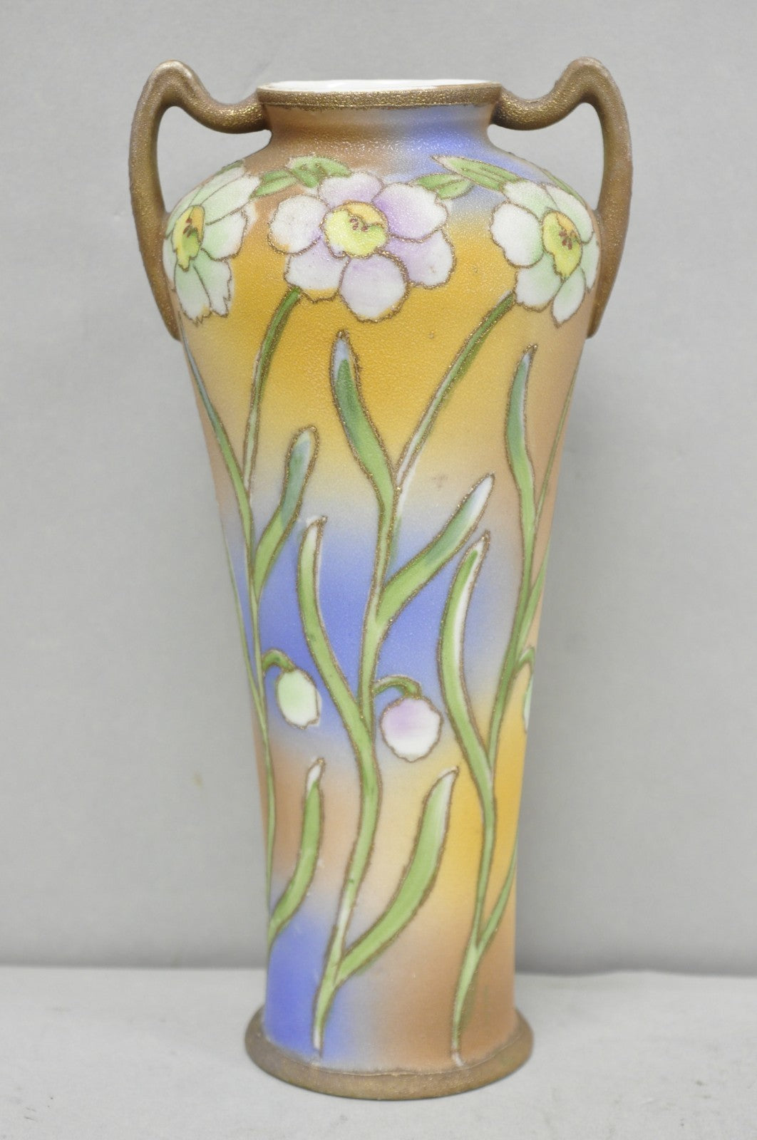 Nippon Coralene Decorated Royal Kinjo Japan Hand Painted Porcelain Handled Vase
